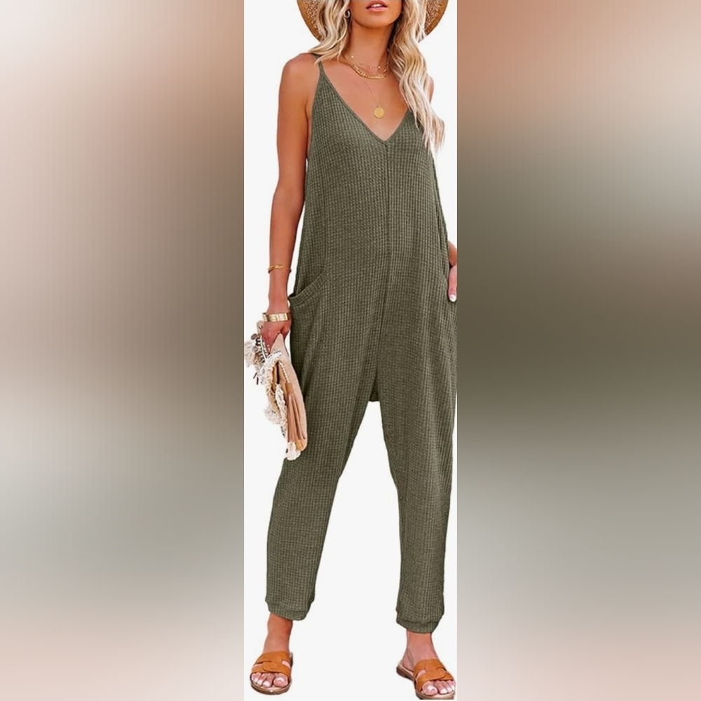 Women's Olive Green V Neck Sphagetti Overalls Jumpsuit With Pockets.